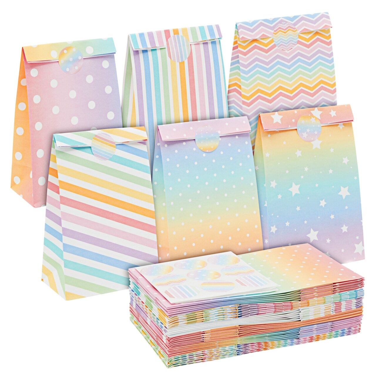 36-Pack Small Rainbow Party Favor Bags, 5.5x3.2x9-Inch Paper Goodie Bags  with Stickers for Birthday Party Supplies (6 Designs)